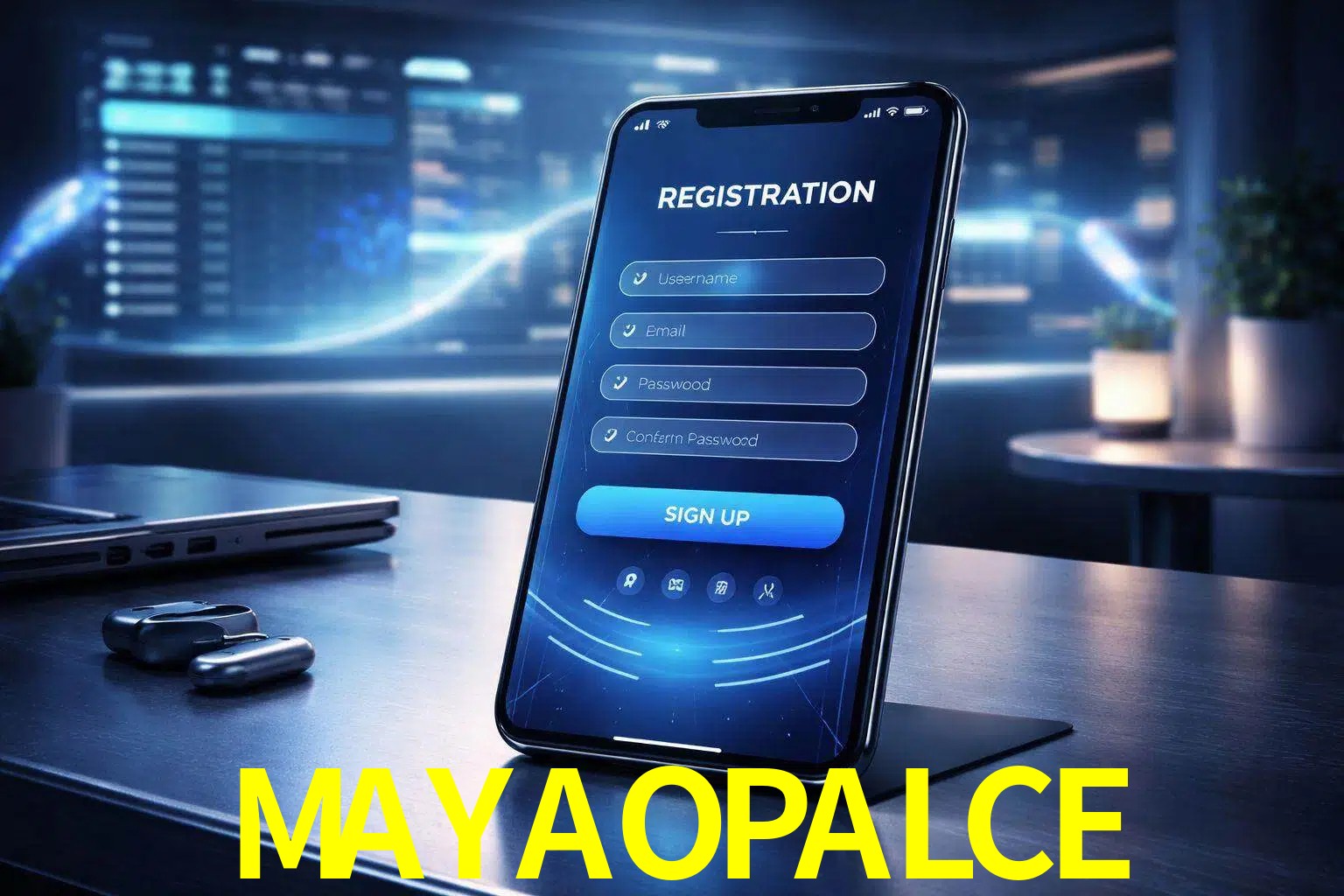 Una interfaz moderna de registro móvil para MAYAOPALCE mostrada en un smartphone con un panel de apuestas elegante.